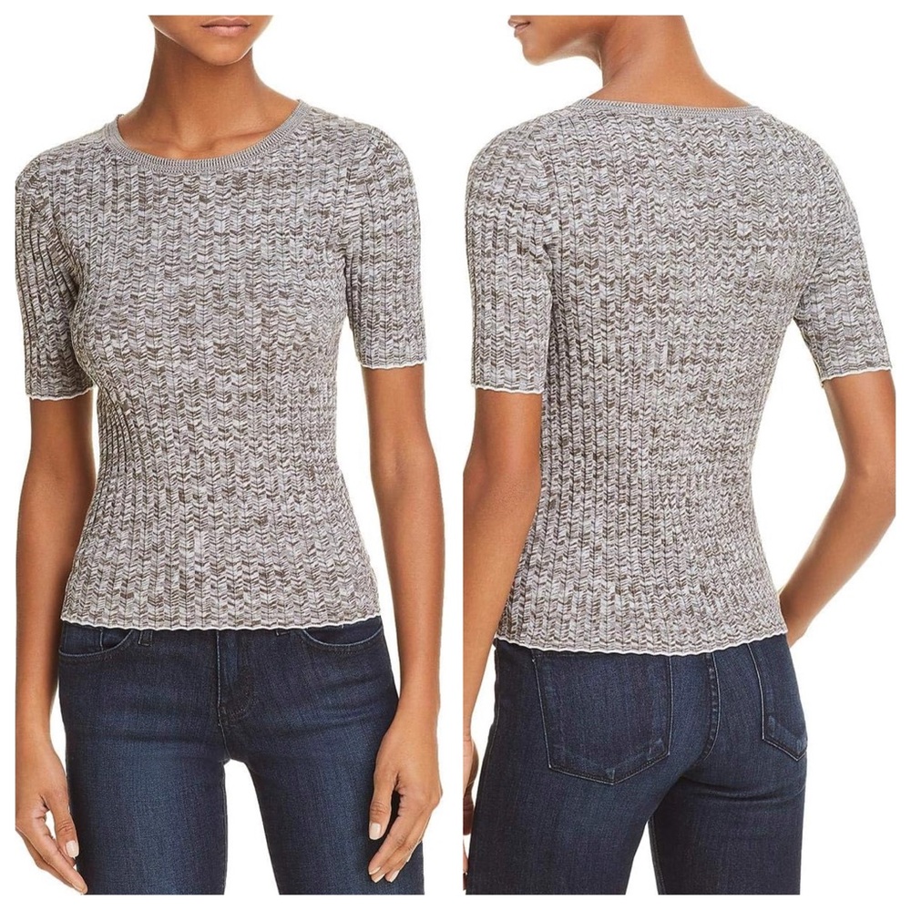 Theory Cotton Marled Ribbed Crewneck Short Sleeve Sweater Gray XS